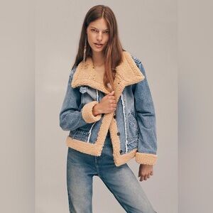 Free People Rylee Denim Jacket Faux Shearling Lined – Med Wash – Size Large NWT